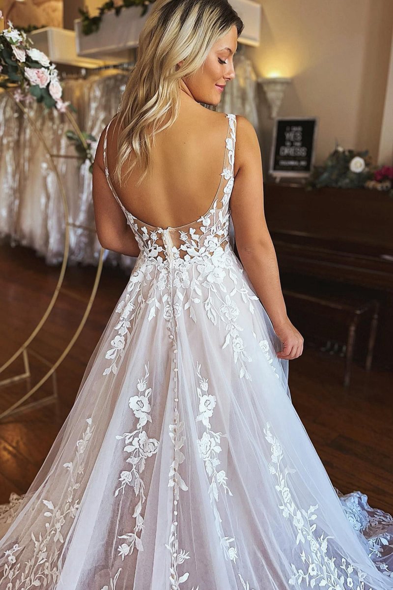 A-line V-Neck Backless Long Lace Wedding Dresses