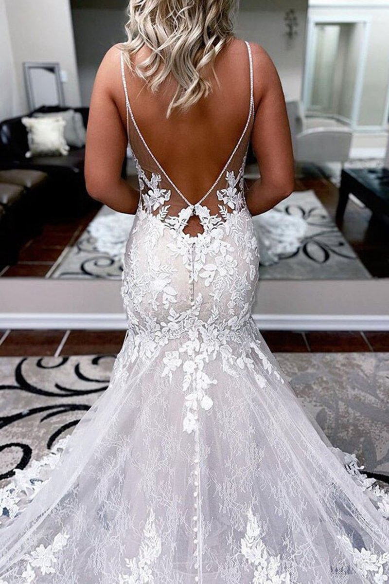 Lace Mermaid Backless Long Wedding Dresses