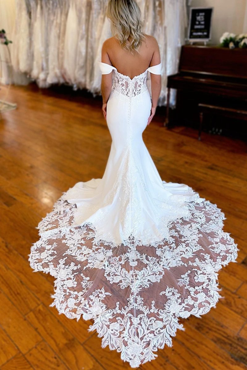 Boho Mermaid Off the Shoulder Long Wedding Dresses with Lace