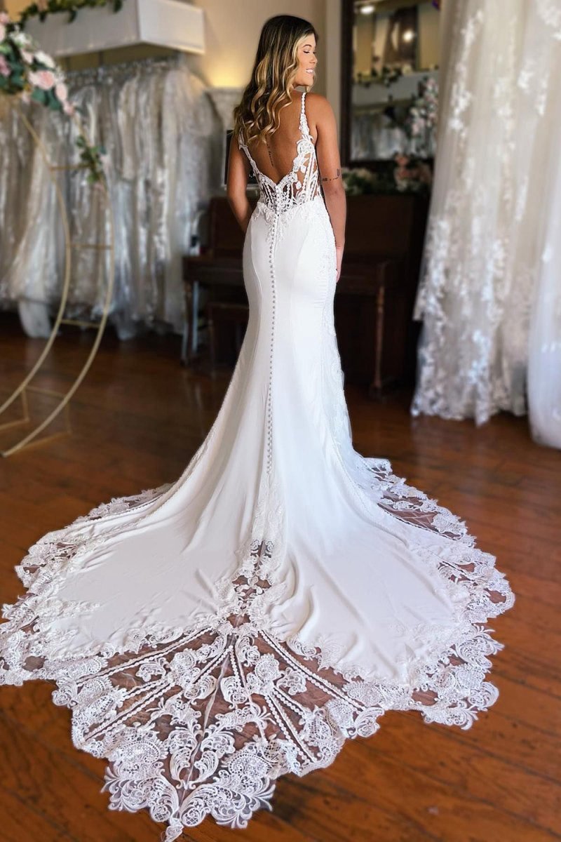 Boho Mermaid Spaghetti Straps Long Wedding Dresses with Lace