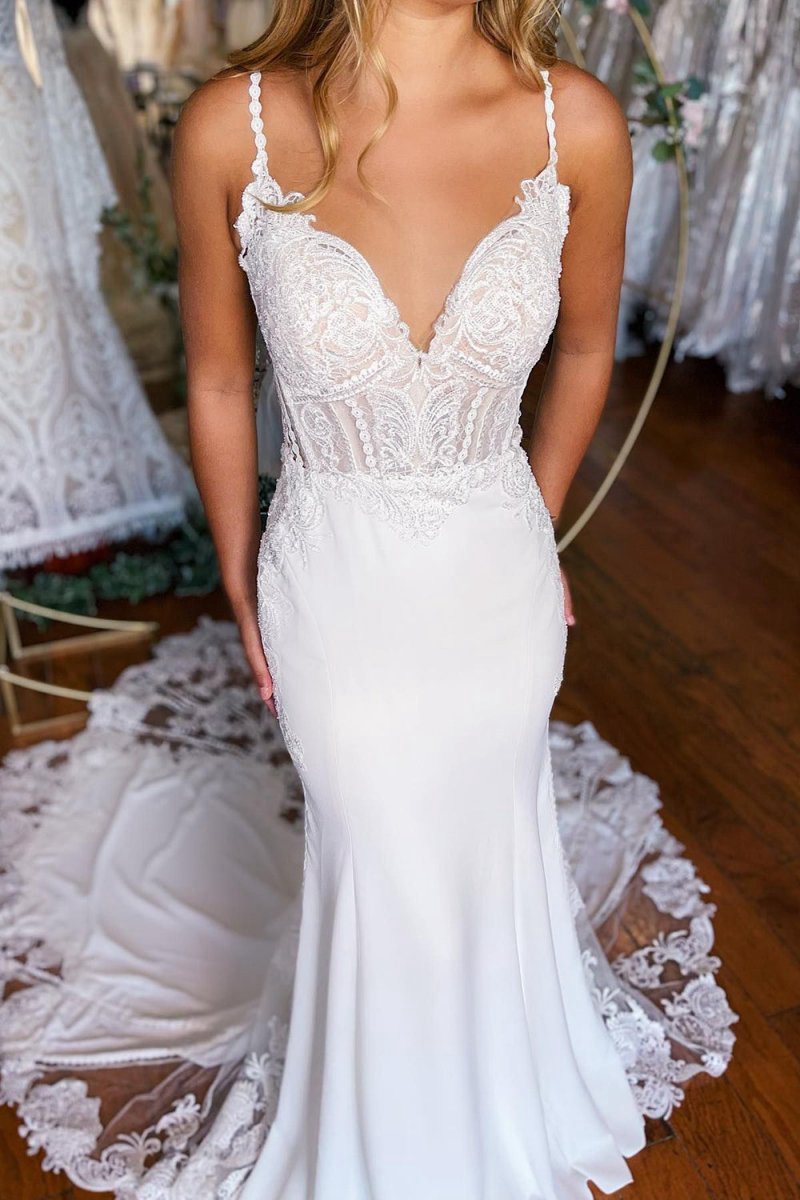Boho Mermaid Spaghetti Straps Long Wedding Dresses with Lace