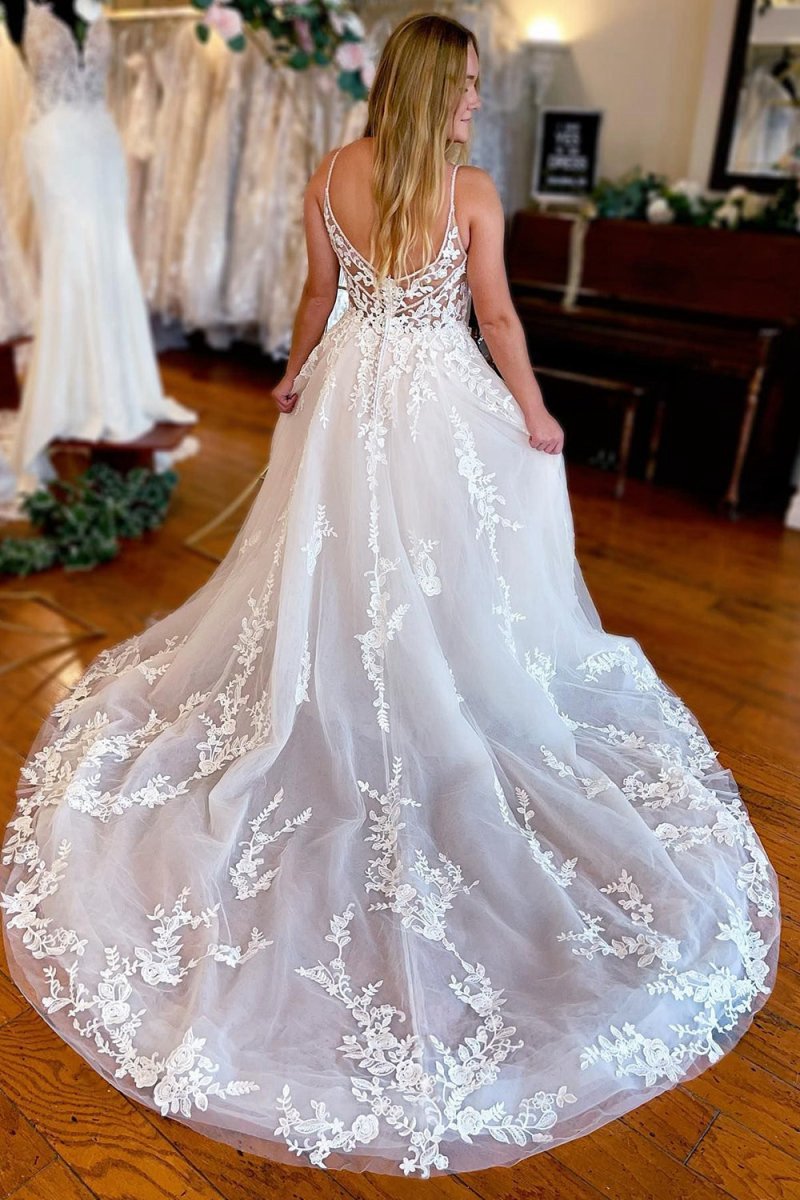 A-line Spaghetti Straps Long Lace Wedding Dresses