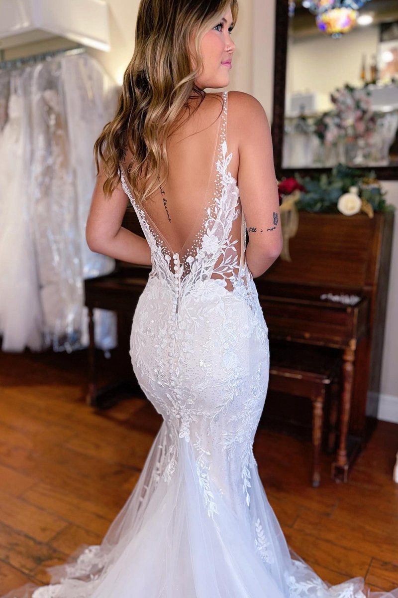 V-Neck Mermaid Long Lace Wedding Dresses