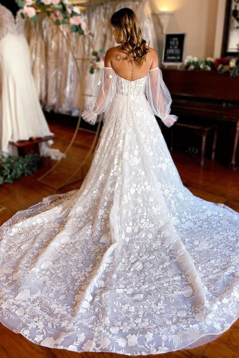 A-line Sweetheart Corset Detachable Long Sleeves Long Lace Wedding Dresses