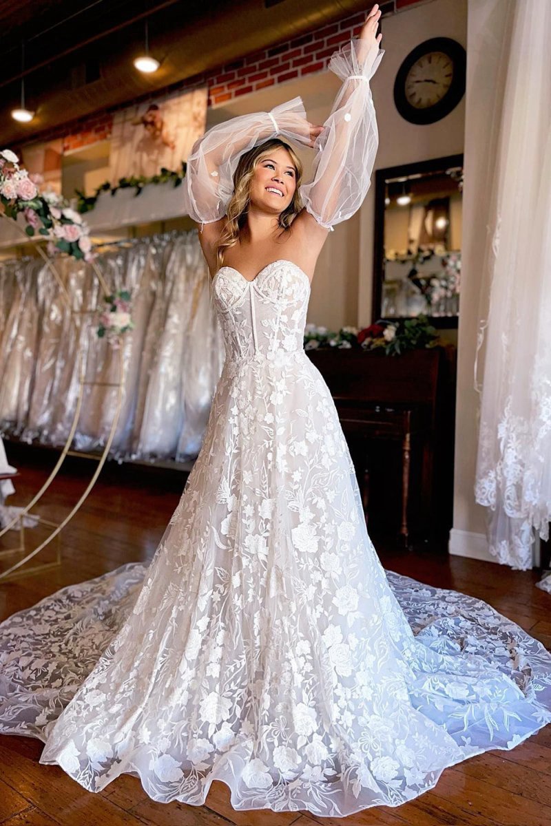 A-line Sweetheart Corset Detachable Long Sleeves Long Lace Wedding Dresses