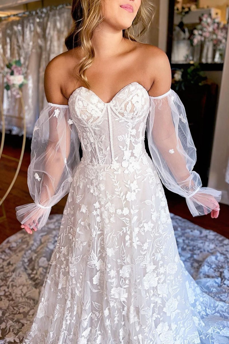 A-line Sweetheart Corset Detachable Long Sleeves Long Lace Wedding Dresses