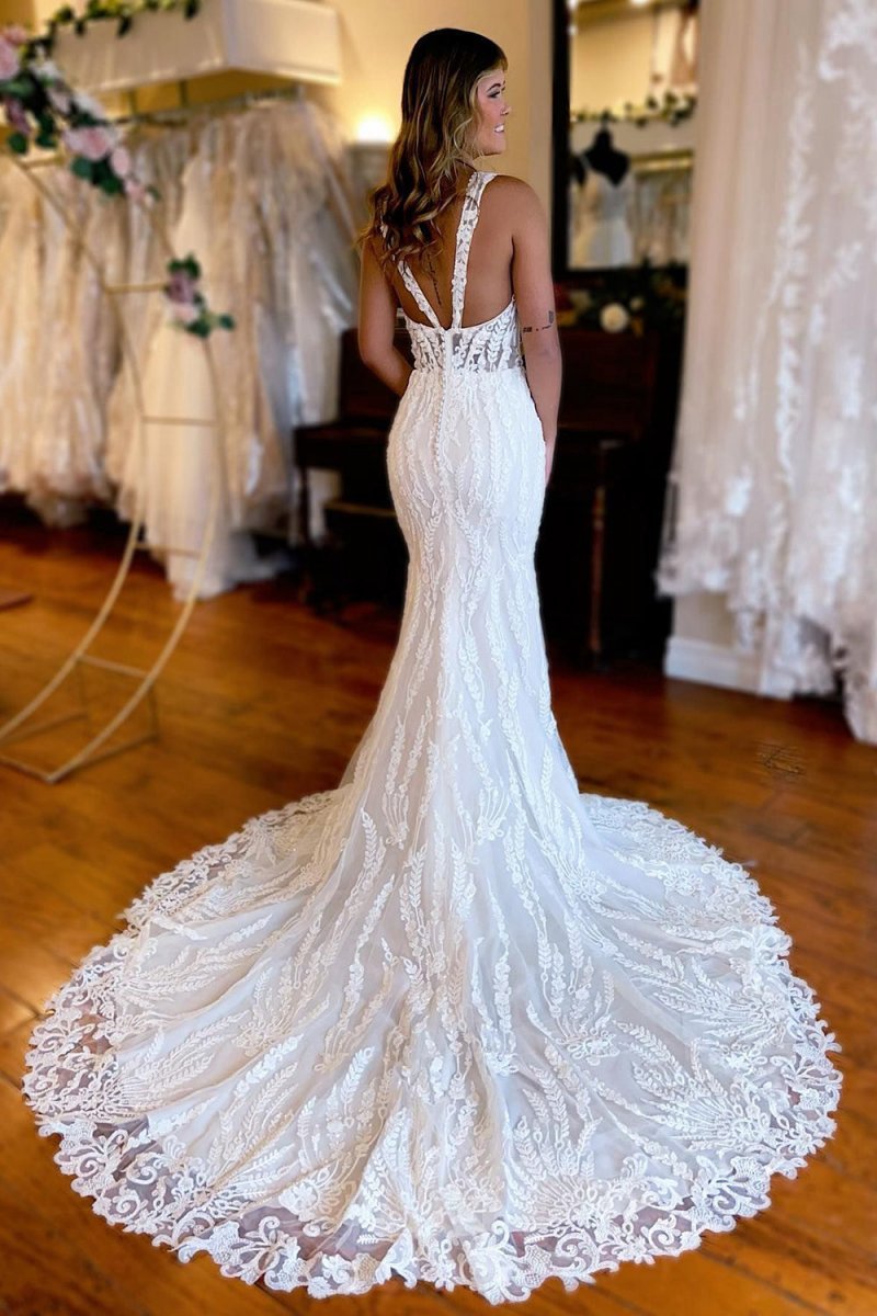 V-Neck Sheath Long Lace Wedding Dresses with Slit