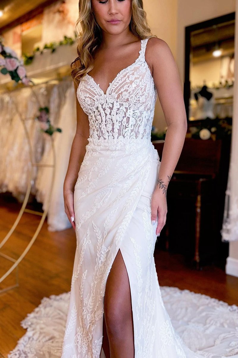 V-Neck Sheath Long Lace Wedding Dresses with Slit