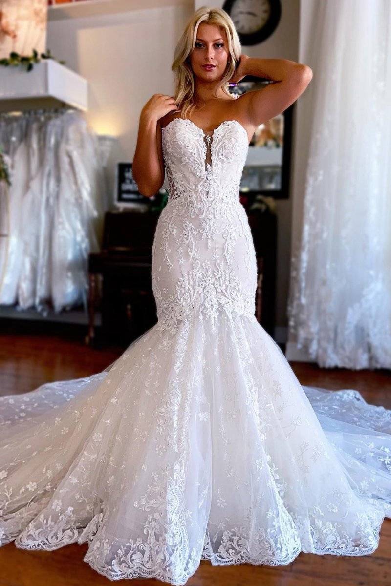 Sparkly Mermaid Detachable Long Sleeves Lace Wedding Dresses