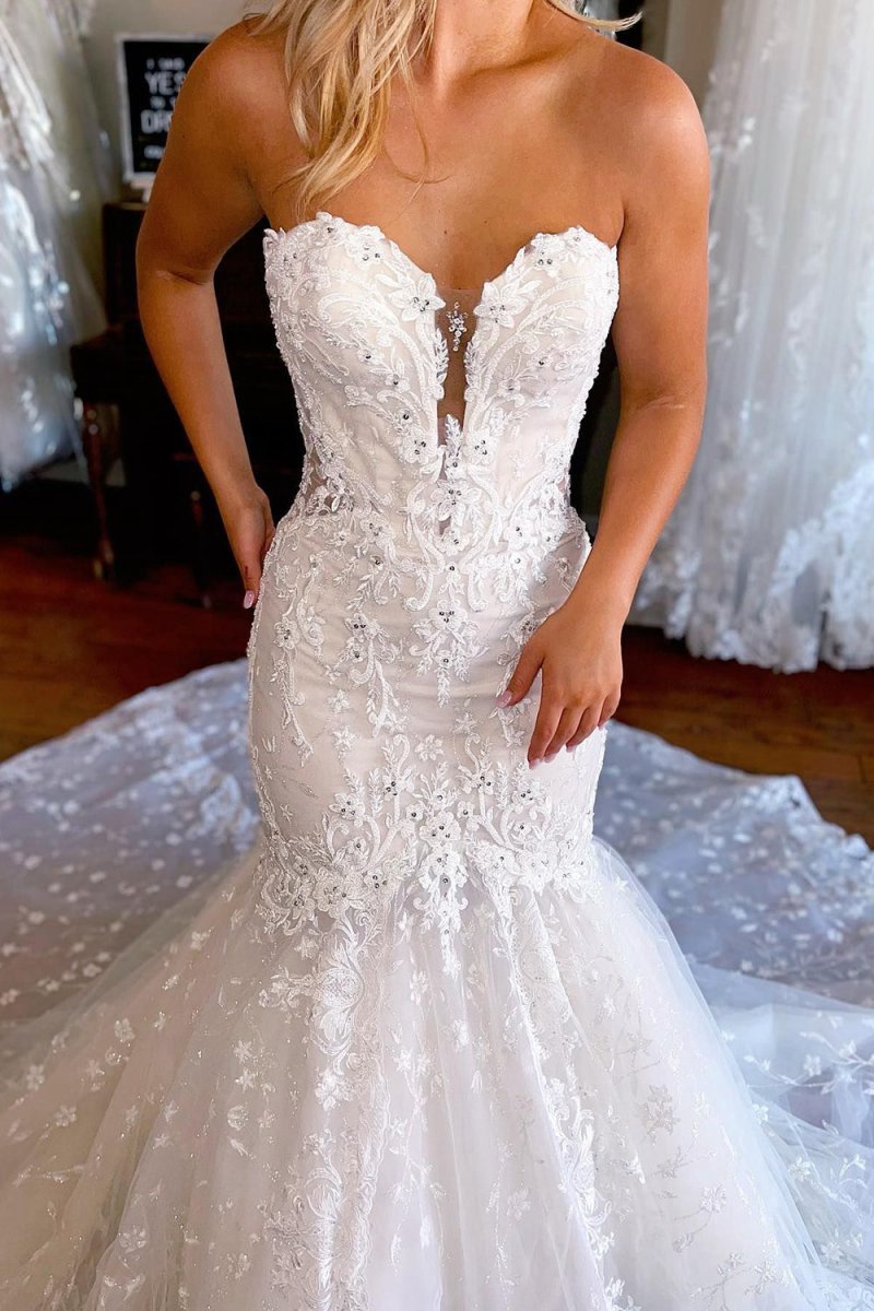 Sparkly Mermaid Detachable Long Sleeves Lace Wedding Dresses