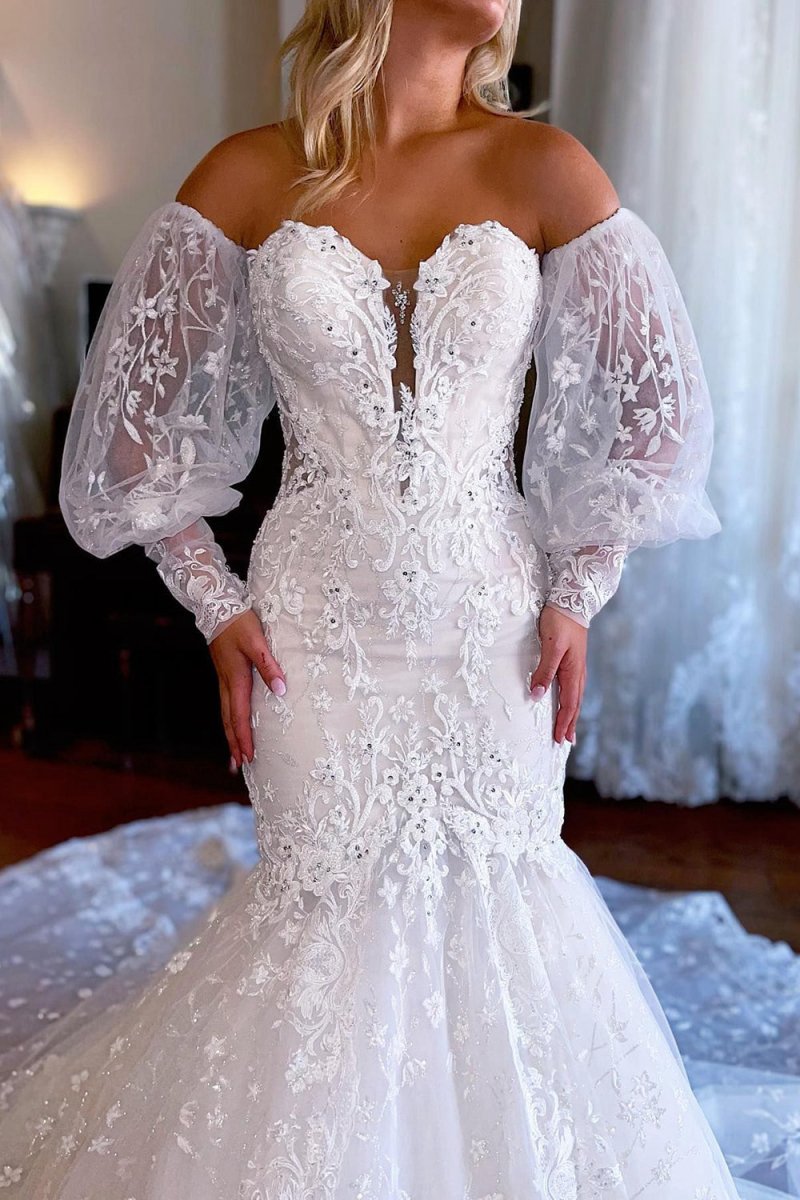 Sparkly Mermaid Detachable Long Sleeves Lace Wedding Dresses