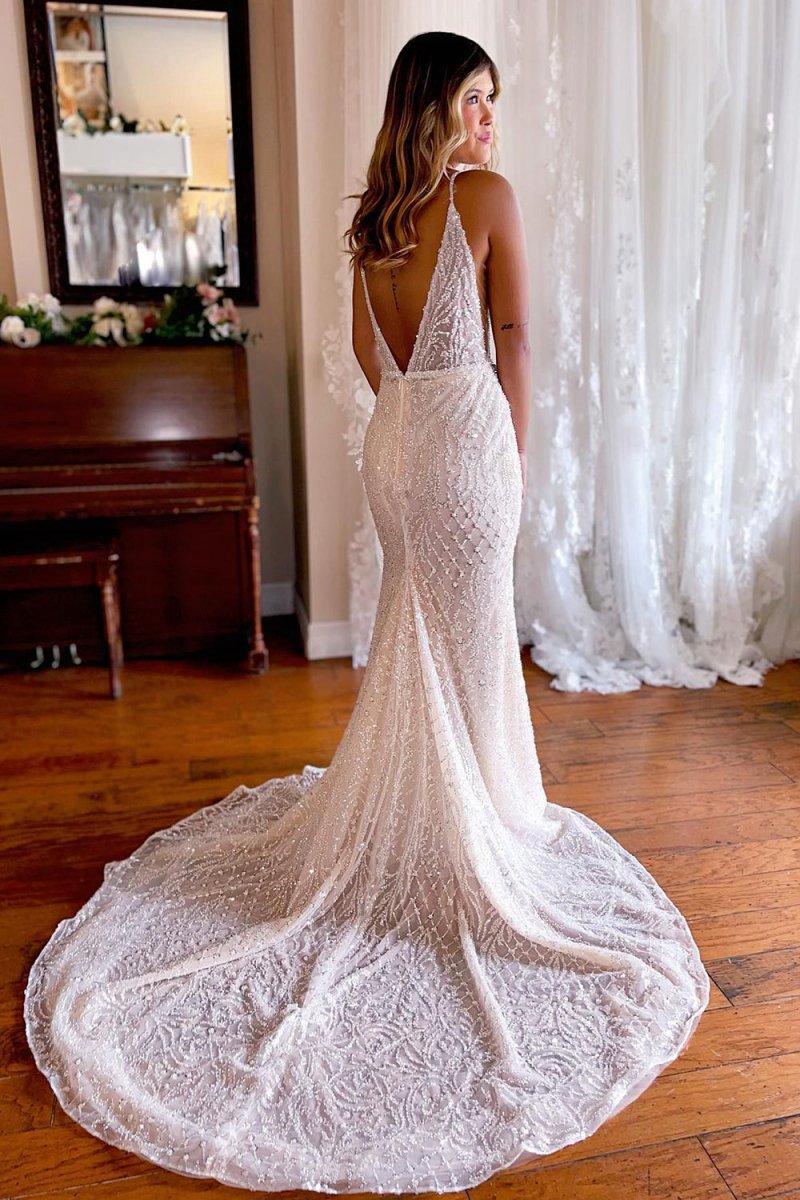 Sparkly Mermaid Lace Backless Sweep Train Long Wedding Dresses