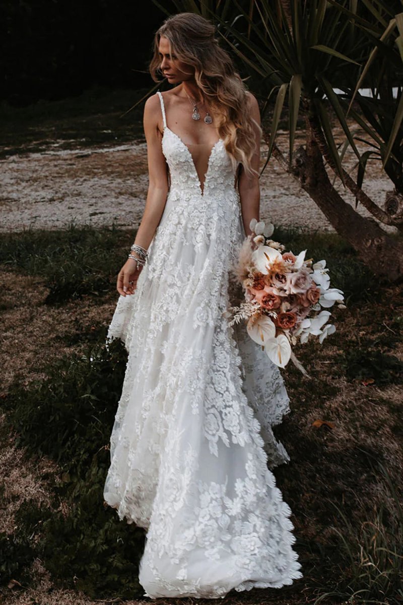 Boho A-line Lace Wedding Dresses with Appliques