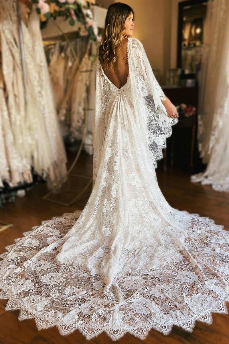 Long Sleeve Cape Lace Mermaid Wedding Dresses with Appliques