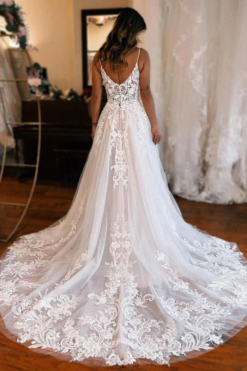 Detachable Sleeve High Slit A-line Wedding Dresses with Appliques
