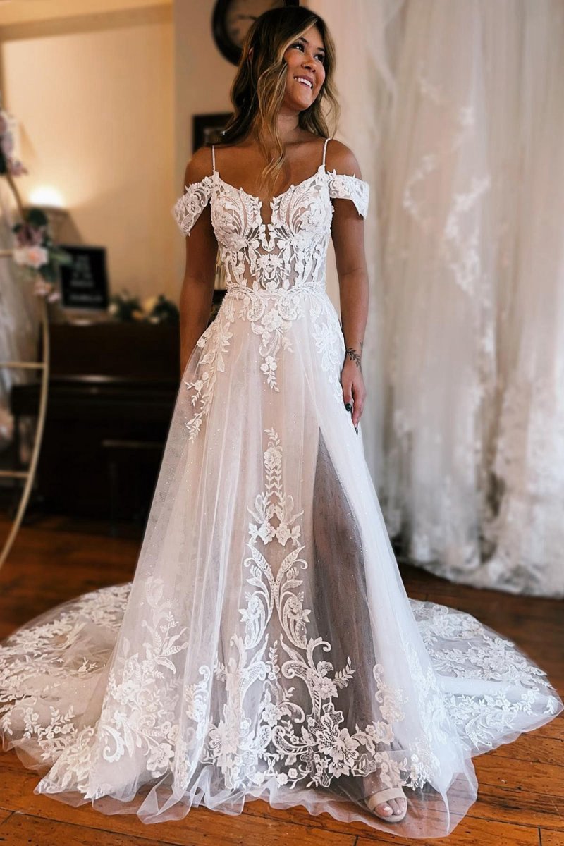 Detachable Sleeve High Slit A-line Wedding Dresses with Appliques
