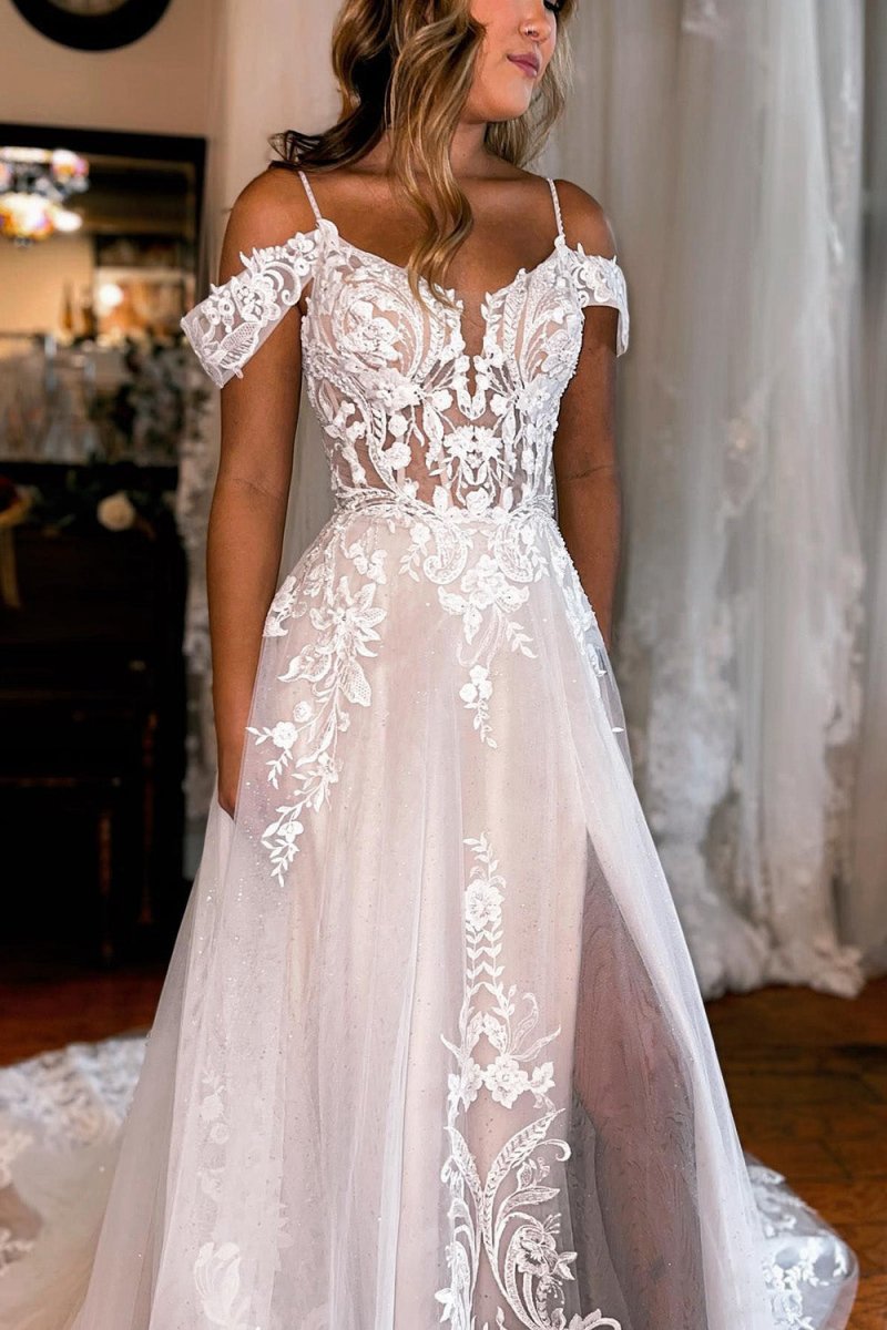 Detachable Sleeve High Slit A-line Wedding Dresses with Appliques