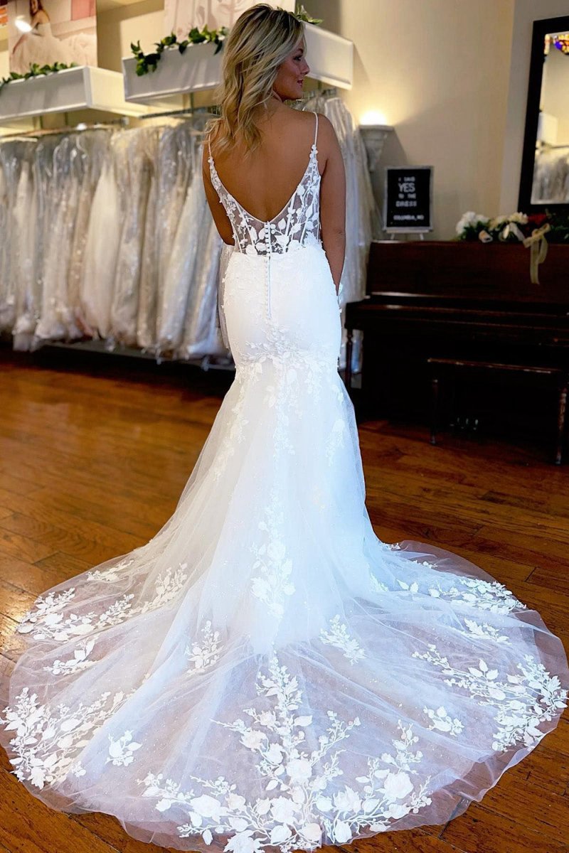Spaghetti Straps High Slit Mermaid Wedding Dresses with Appliques