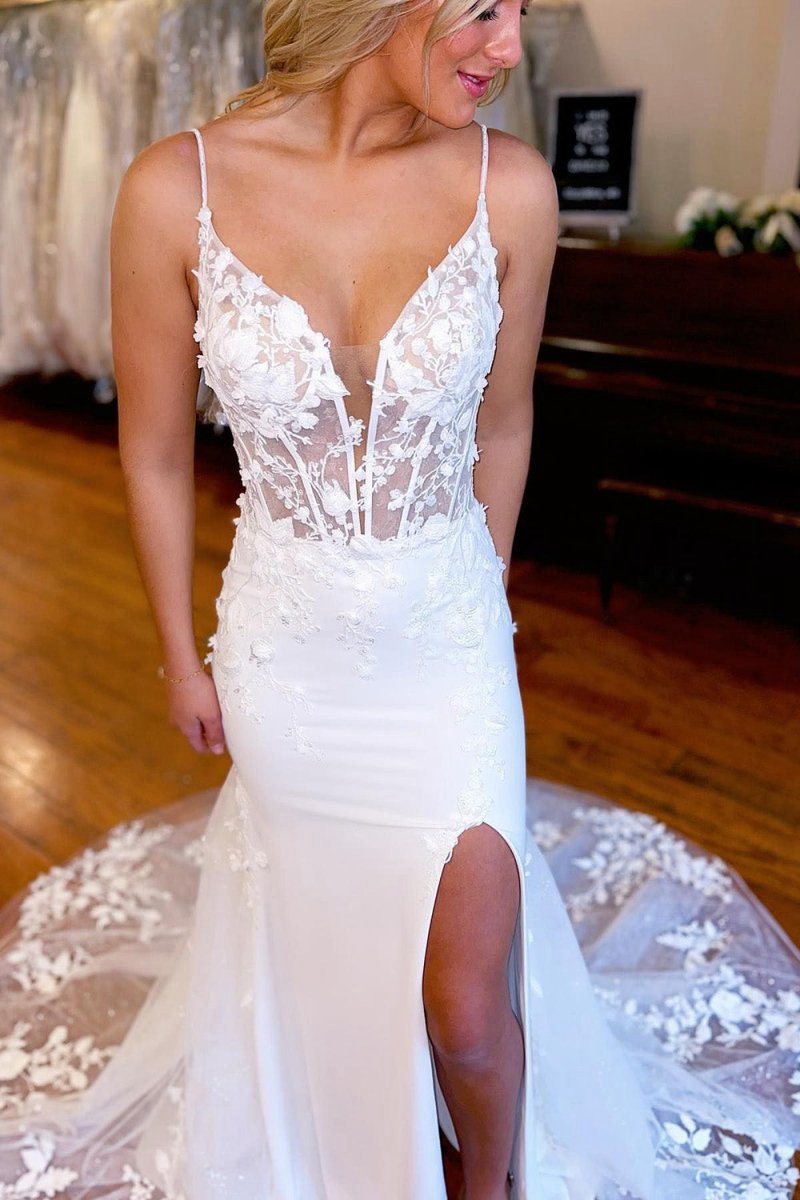 Spaghetti Straps High Slit Mermaid Wedding Dresses with Appliques