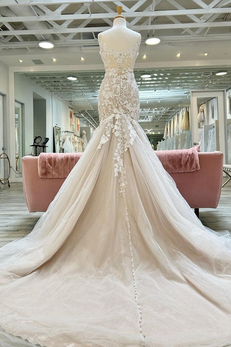 V-Neck Asymmetrical Mermaid Wedding Dresses with Appliques
