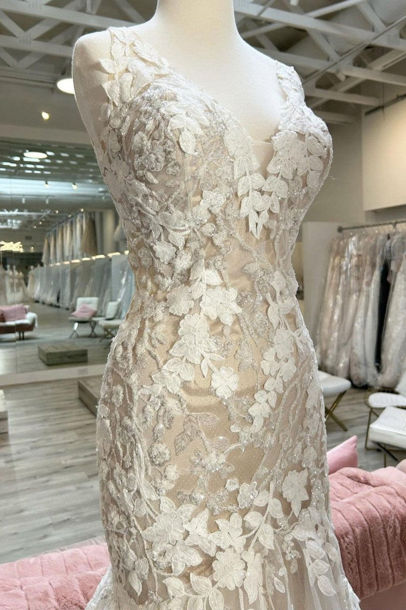 V-Neck Asymmetrical Mermaid Wedding Dresses with Appliques