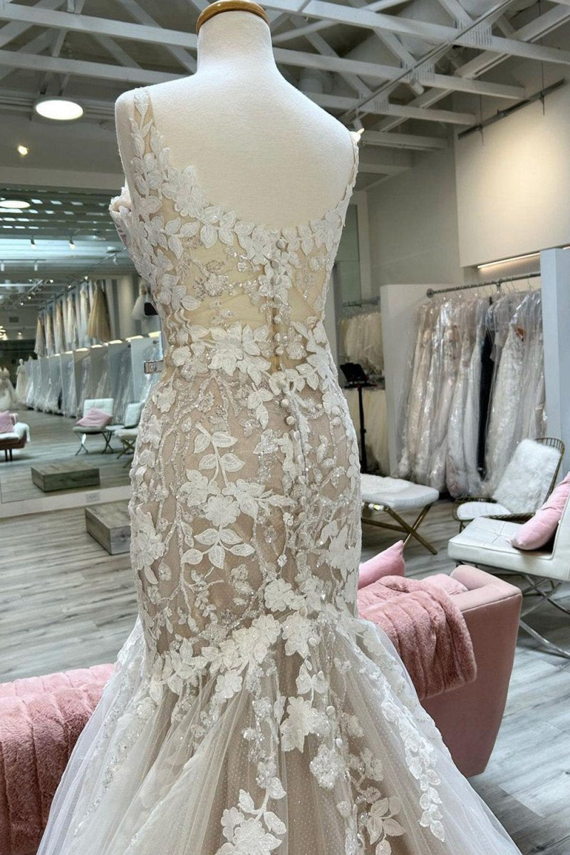 V-Neck Asymmetrical Mermaid Wedding Dresses with Appliques