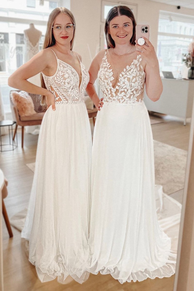 Simple A-line Boho Long Chiffon Wedding Dresses with Lace Appliques