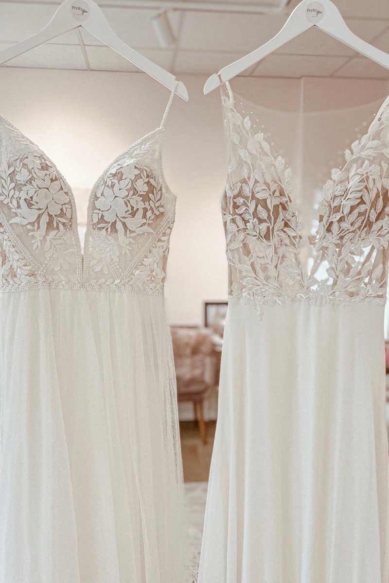 Simple A-line Boho Long Chiffon Wedding Dresses with Lace Appliques