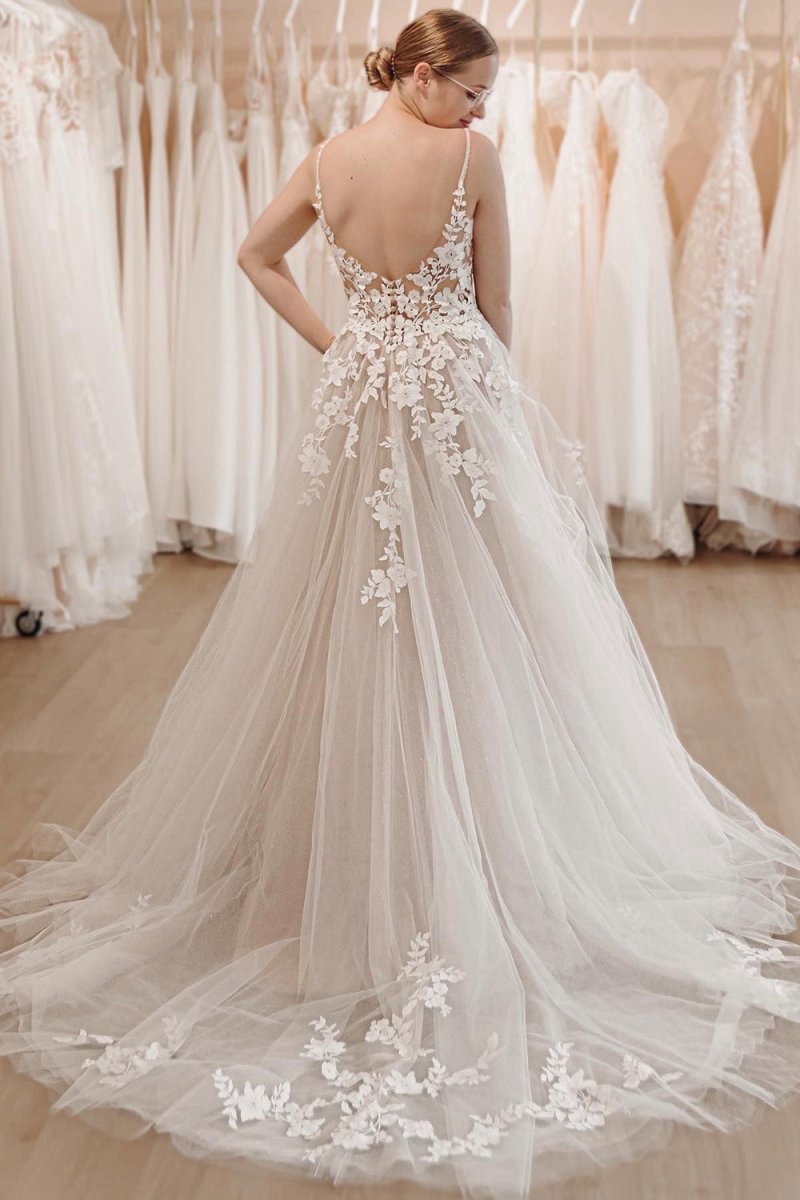 Glitter A-line Spaghetti Straps Long Wedding Dresses with Appliques