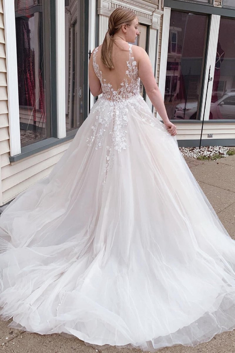 A-line Tulle Sparkly Wedding Dresses with Appliques