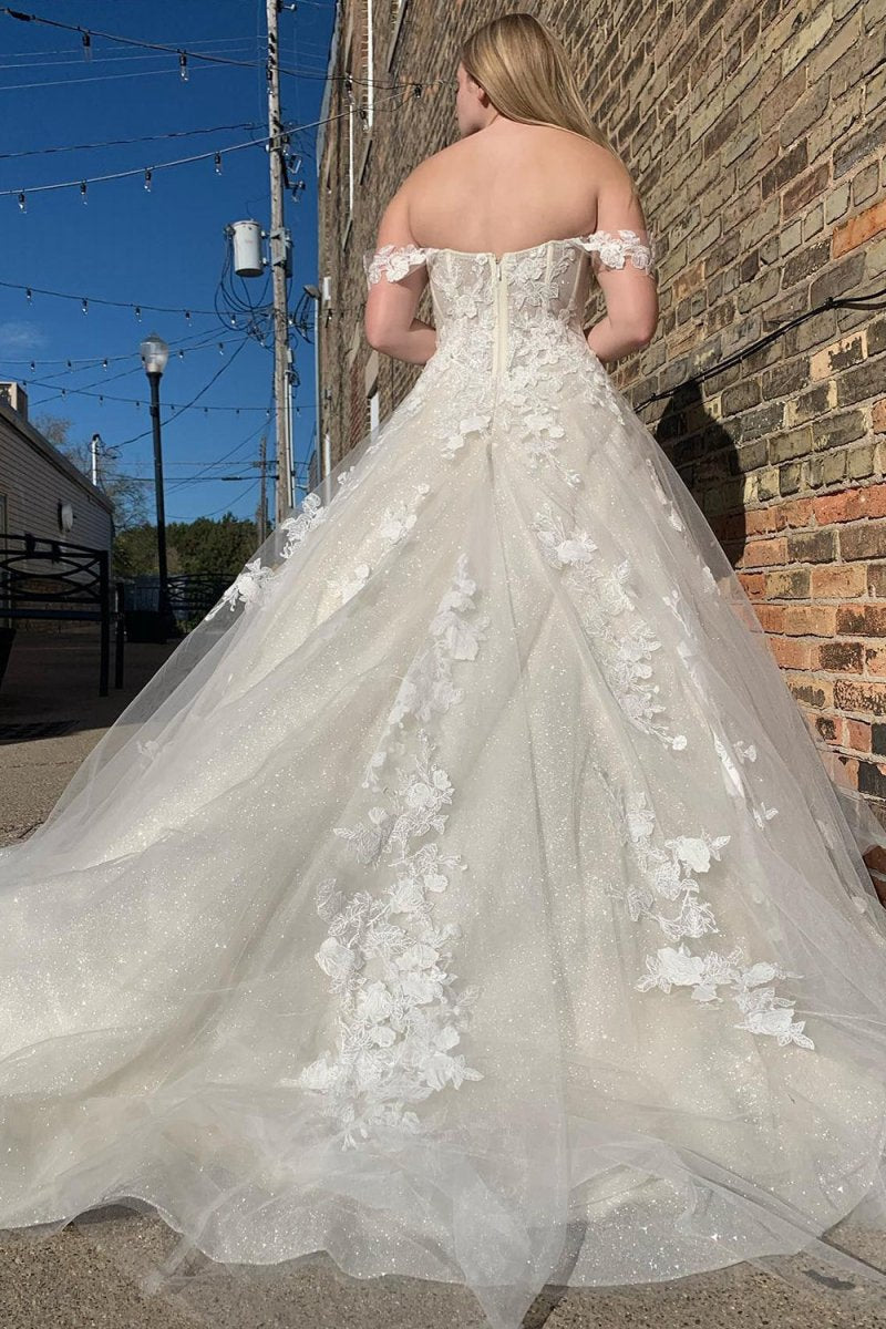 Glitter A-line Off The Shouder Long Wedding Dresses with Appliques
