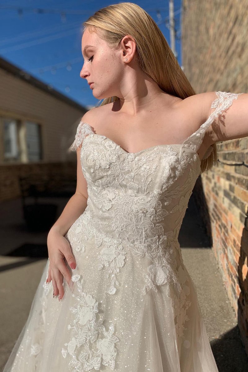 Glitter A-line Off The Shouder Long Wedding Dresses with Appliques