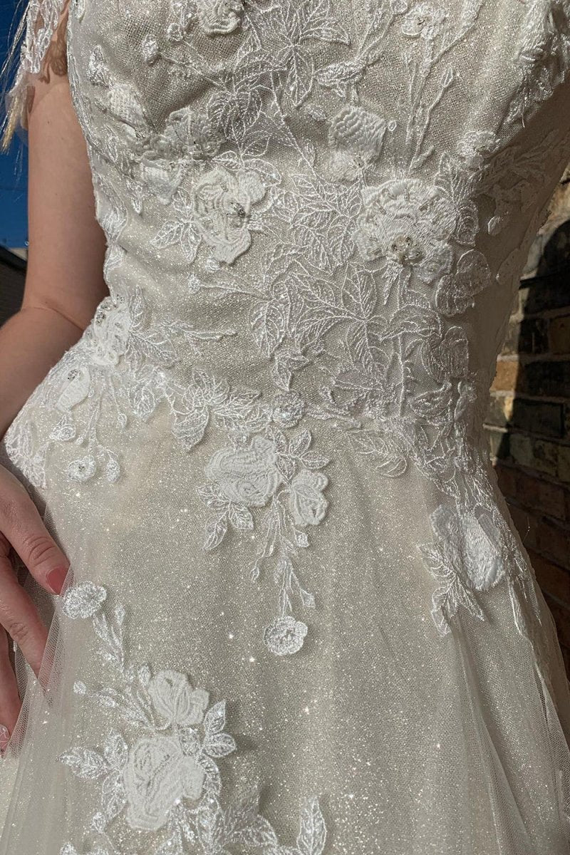 Glitter A-line Off The Shouder Long Wedding Dresses with Appliques