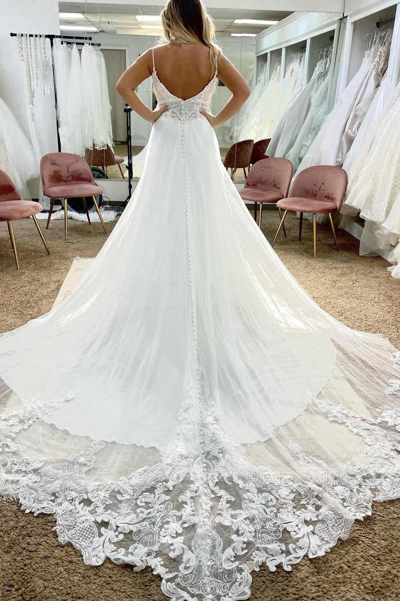 Tulle Spaghetti Straps Long Boho Wedding Dresses with Lace Appliques