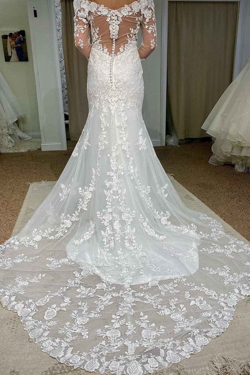 Tulle Mermaid Off the Shoulder Long Wedding Dresses with Appliques
