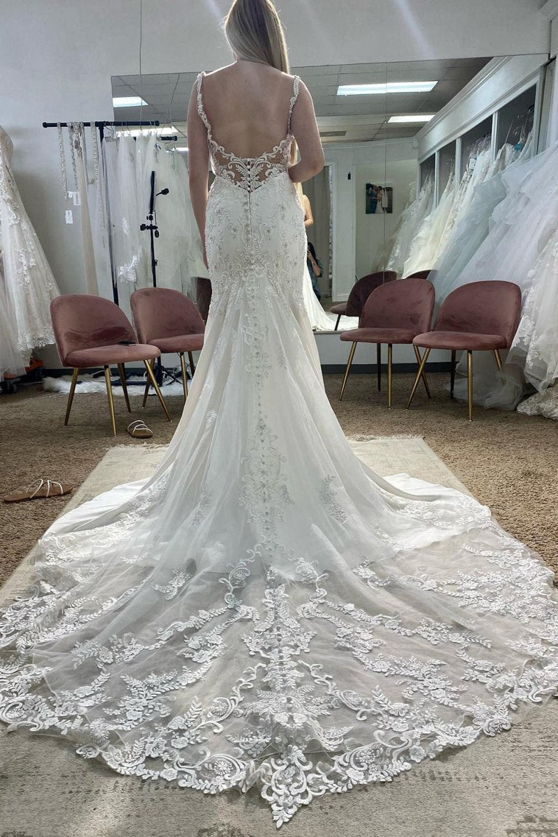 Deep V-Neck Mermaid Long Wedding Dresses with Appliques