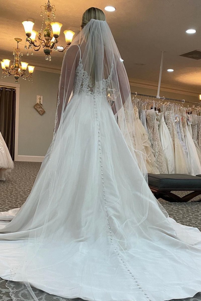 A-line Spaghetti Straps Long Wedding Dresses with Beading