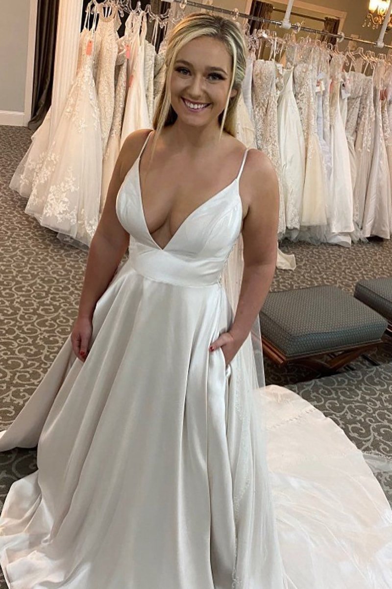A-line Spaghetti Straps Long Wedding Dresses with Beading