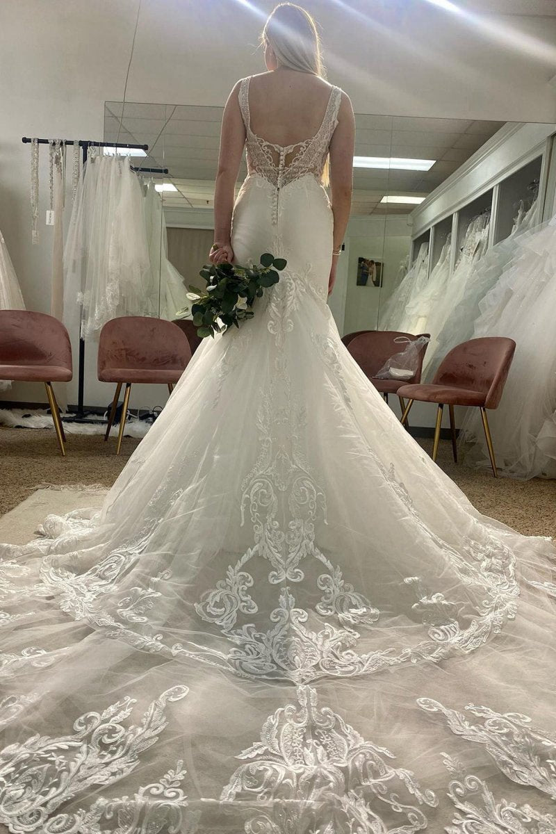Deep V-Neck Mermaid Long Wedding Dresses with Lace