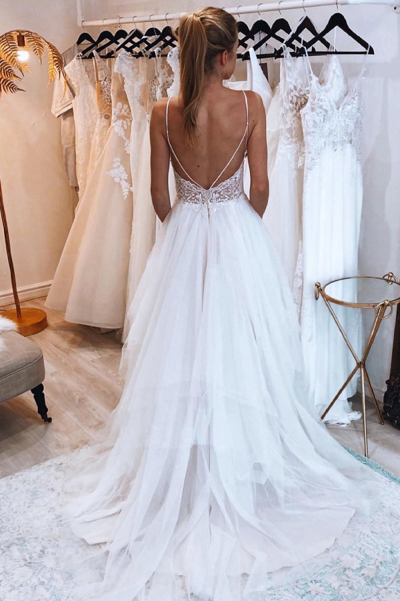 A-line Backless Tulle Long Wedding Dresses with Appliques