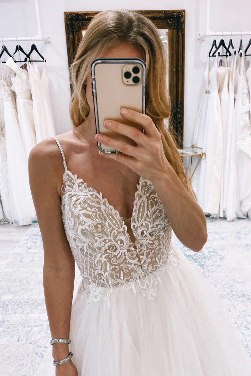 A-line Backless Tulle Long Wedding Dresses with Appliques