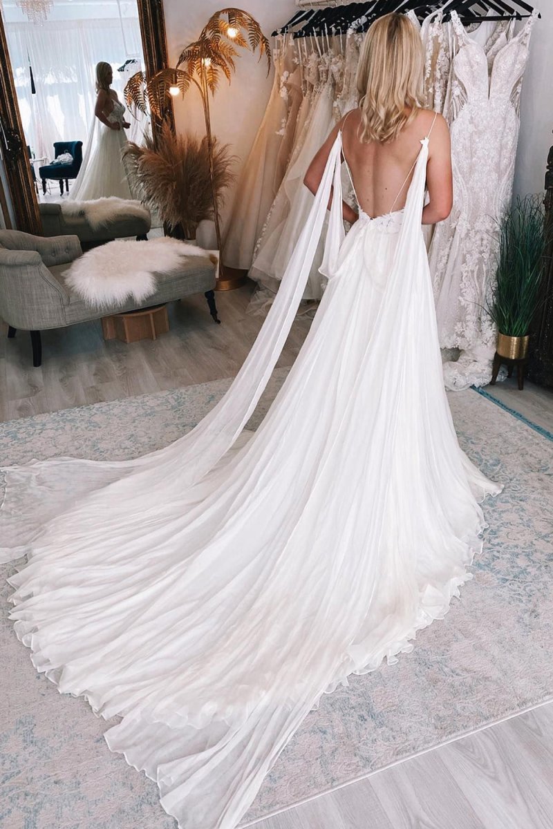 A-line Watteau Train Boho Long Chiffon Wedding Dresses with Lace
