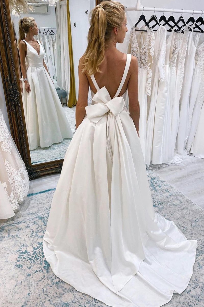 A-line Deep V-Neck Long Wedding Dresses with Bowknot