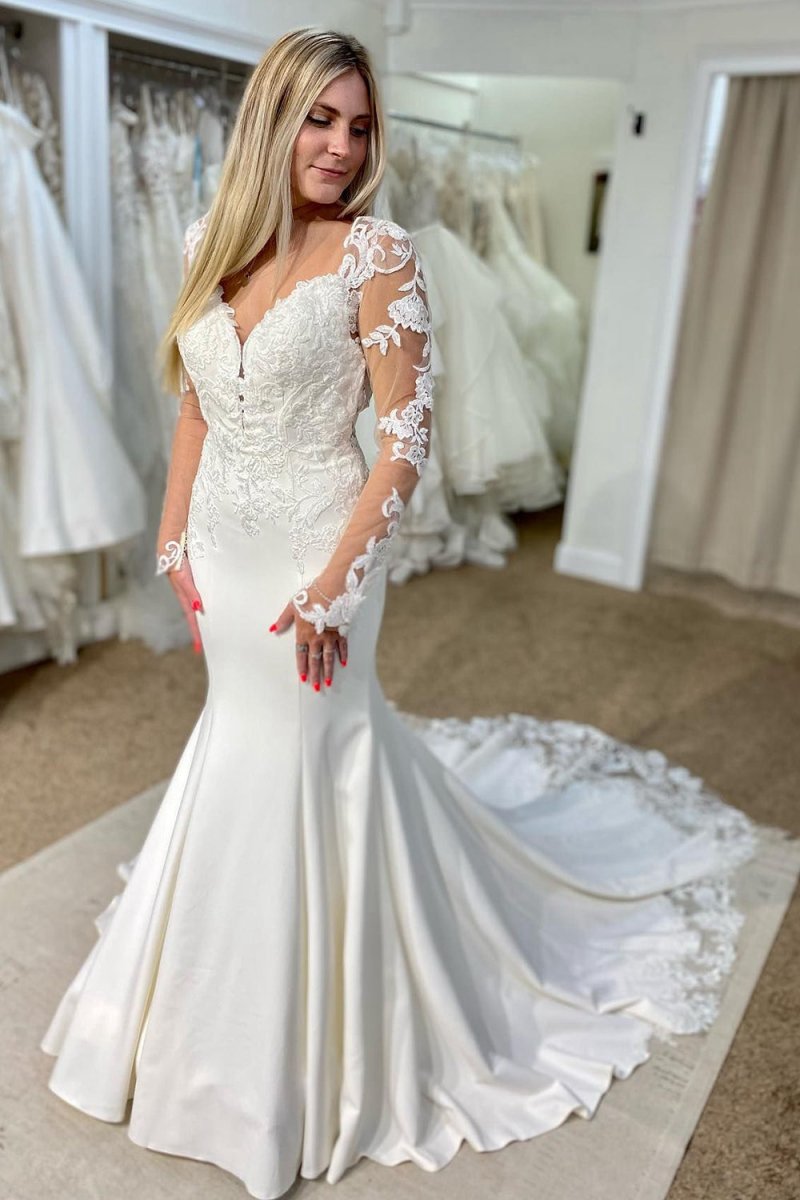 V-Neck Mermaid Long Wedding Dresses with Lace