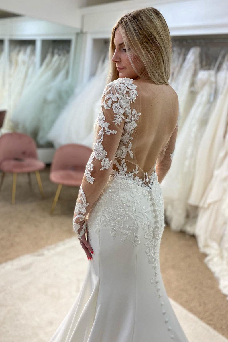 V-Neck Mermaid Long Wedding Dresses with Lace