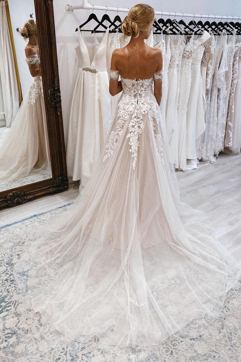 A-line Off the Shoulder Long Wedding Dresses with Lace Appliques