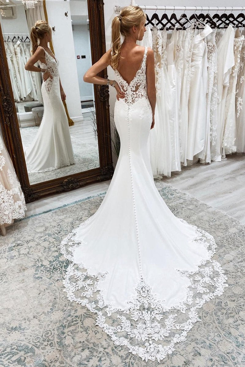 Mermaid Deep V-Neck Long Wedding Dresses with Lace Appliques