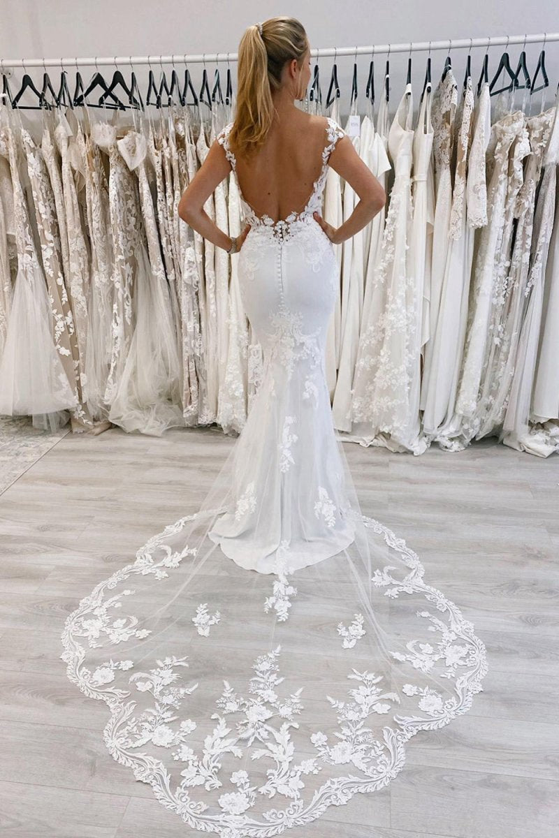 Mermaid Deep V-Neck Backless Long Wedding Dresses with Lace