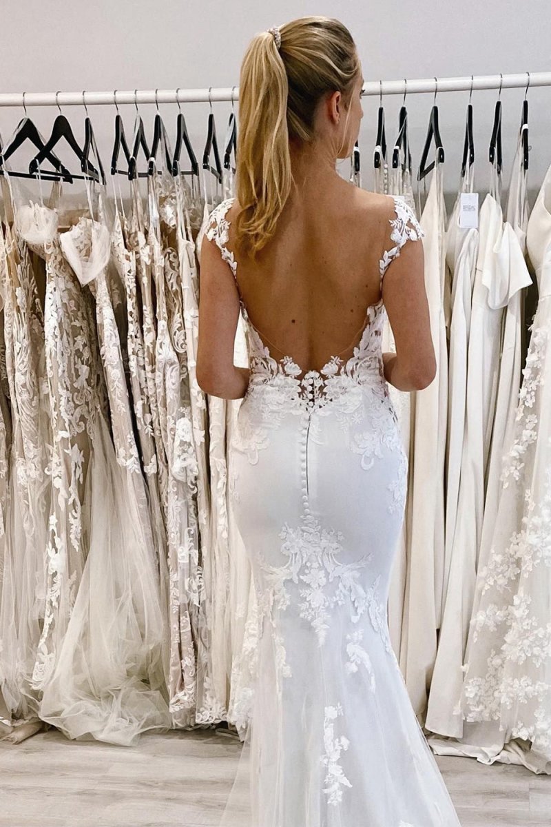 Mermaid Deep V-Neck Backless Long Wedding Dresses with Lace