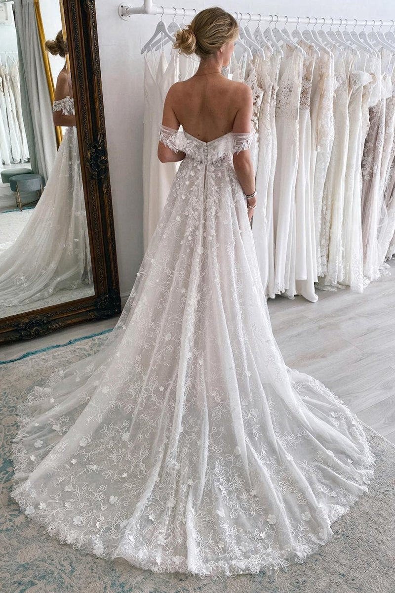 Off the Shoulder Long Lace Mermaid Wedding Dresses with Appliques